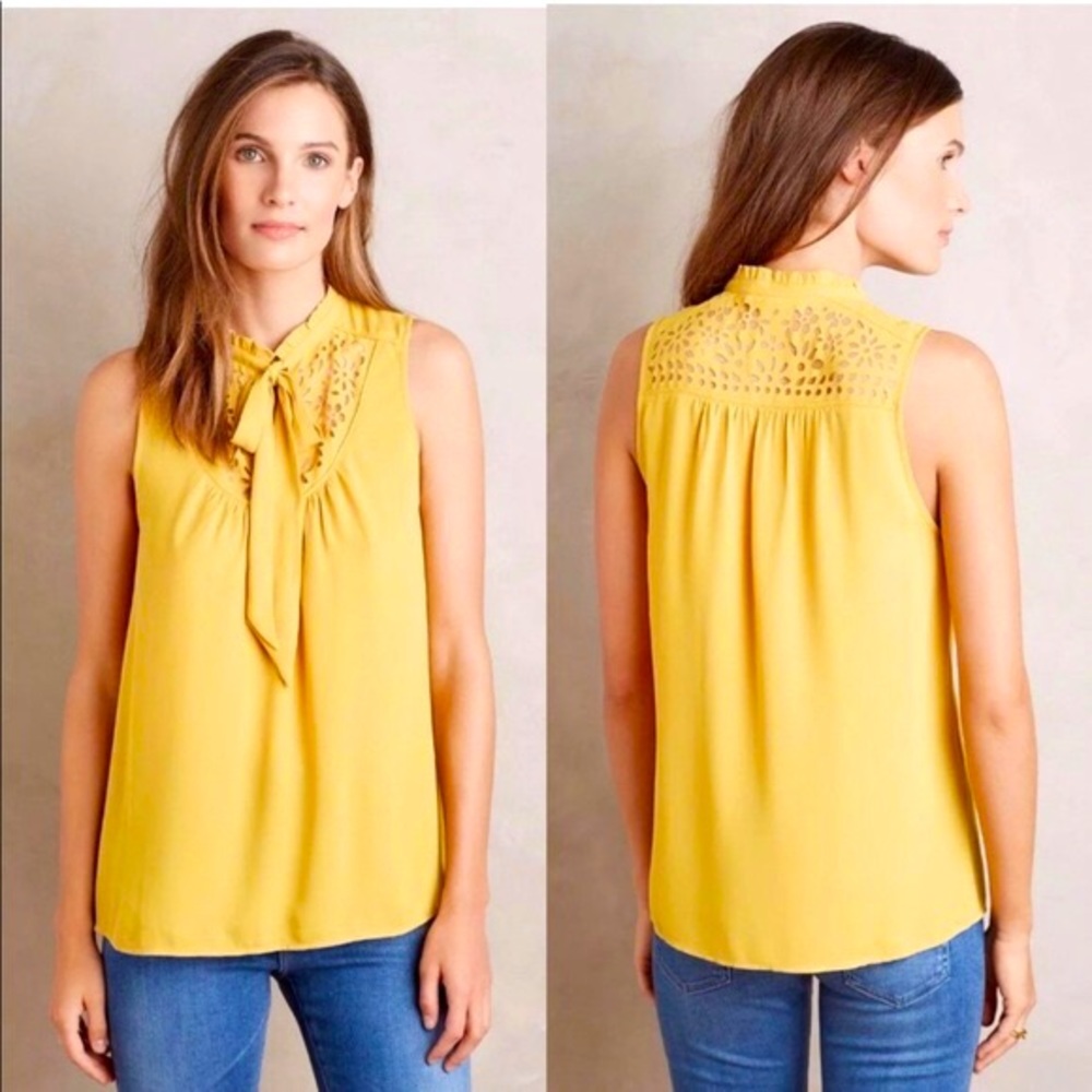 Maeve Anthropologie Yellow Tie Neck Blouse Size 4